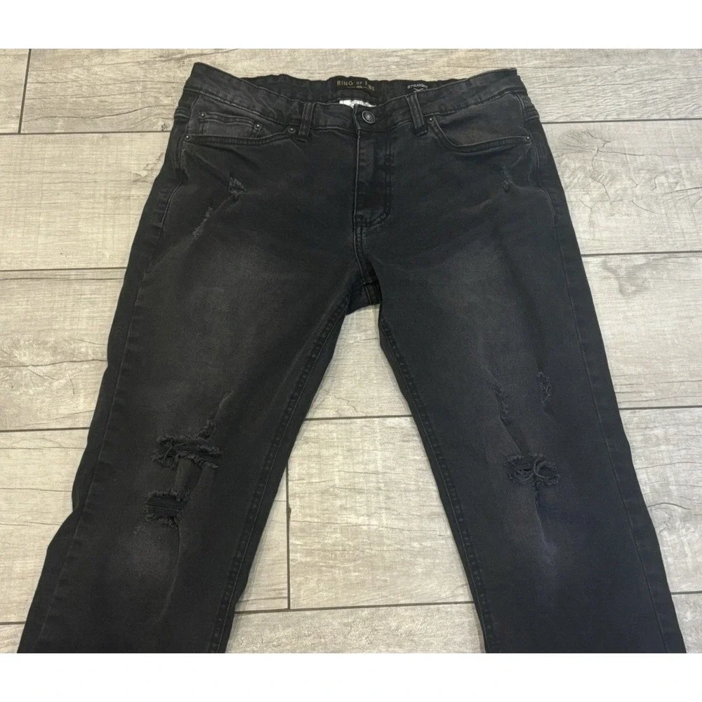 Ring of Fire Mens Black Distressed Straight Stretch Jeans 33x29‎ Mid Rise Grunge